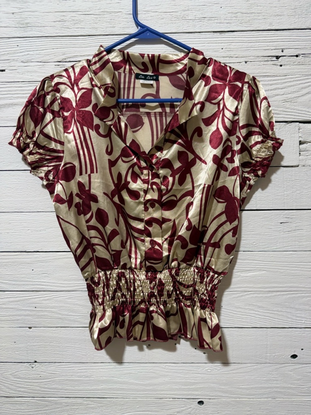 Ruched Waist Short Sleeve Blouse in Cream and Burgundy